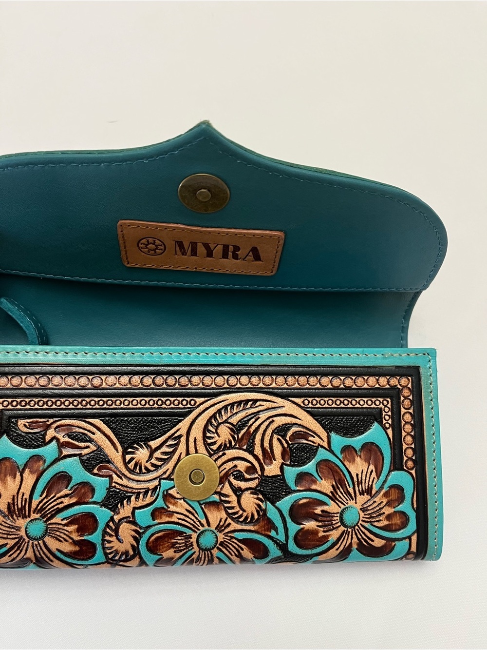 Myra Flower Crest Tooled Leather Wallet Floral Embossed With Turquose Accents - Picture 8 of 10